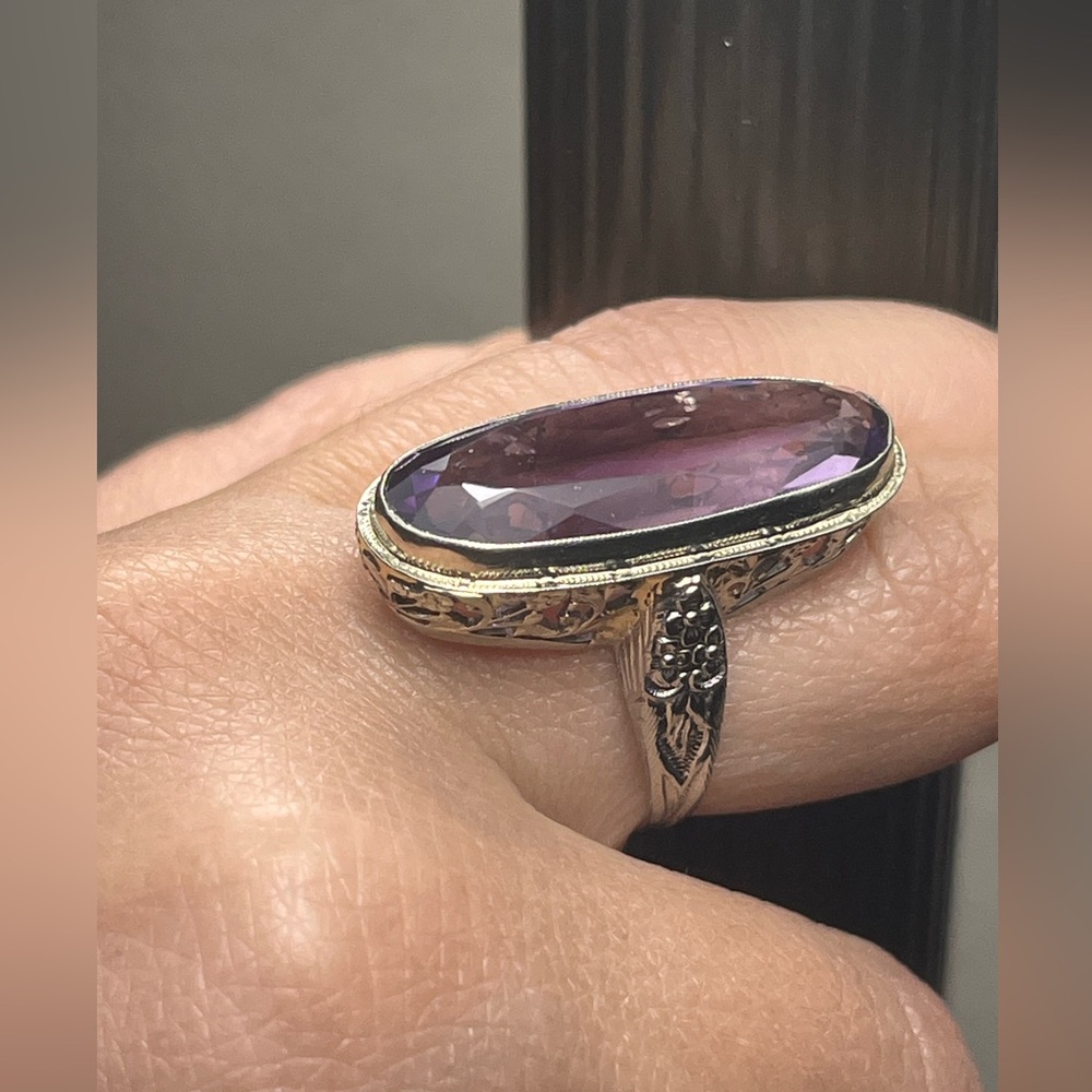 ANTIQUE 18K WHITE GOLD FILIGREE RING with FINE NATURAL AMETHYST,ART DECO,1920's - Picture 8 of 9